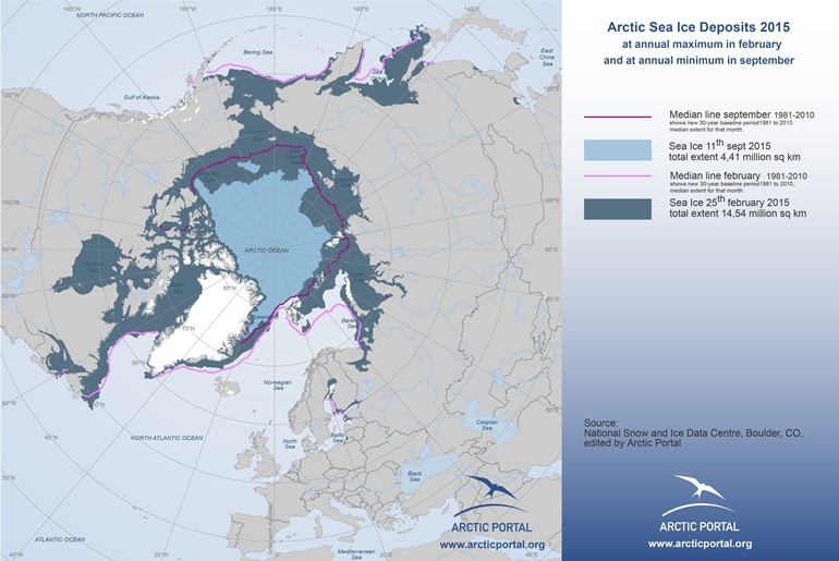 Arctic Portal Map - Arctic Sea Ice, Winter and Summer (2015), and Median Lines